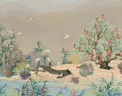 a painting of a man and a dog in a field