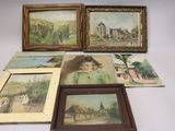 four framed pictures of a woman and a horse in a landscape