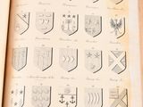 an open book that has a bunch of different shields on it