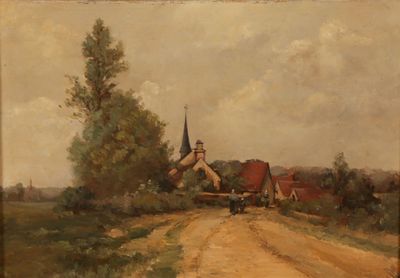 tableau représentant une route de campagne avec une église au loin