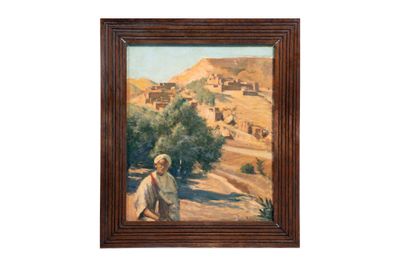 une peinture à l'huile représentant un homme marchant sur un chemin de terre, avec un village en arrière-plan