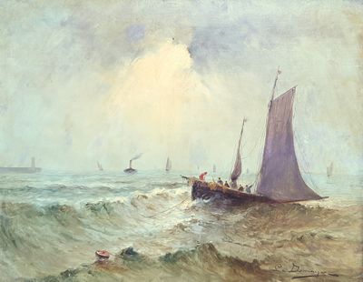 une peinture représentant un bateau dans l'eau avec d'autres bateaux à l'arrière-plan