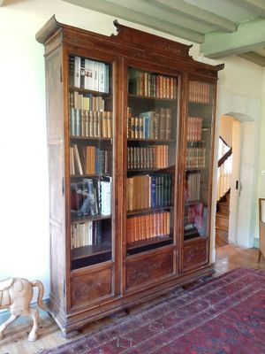une grande bibliothèque en bois sur laquelle sont posés de nombreux livres