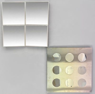 a picture of a white shelf and a mirror on the wall