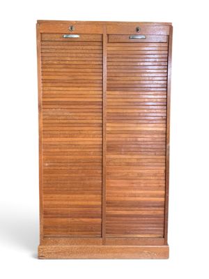 an image of a wooden cabinet with two doors and a drawer