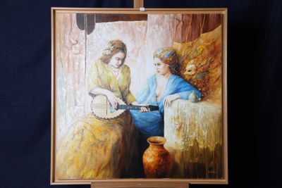 tableau représentant deux femmes assises sur un lit, à côté d'un tableau représentant un vase