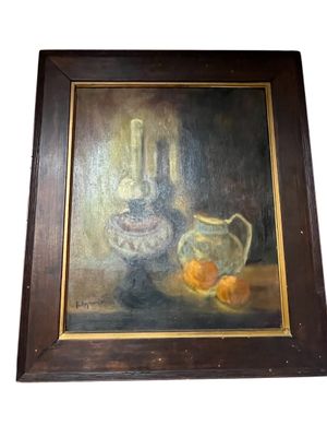 tableau représentant une nature morte avec un pichet et des oranges posés sur une table