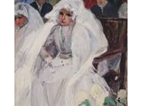 un tableau représentant une femme en robe de mariée assise devant une foule