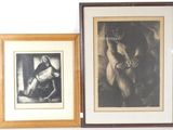 two framed pictures of a woman and a man sitting on a couch