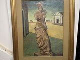 tableau représentant une femme tenant un vase sur une table en marbre