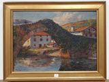 an oil painting of a bridge over a river with a building in the background