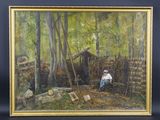 une peinture à l'huile représentant un homme assis sur un banc dans les bois