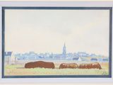 painting of cows grazing in a field with a town in the background