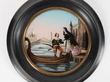 tableau représentant un homme et une femme dans une gondole sur une rivière