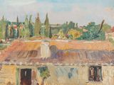 une peinture à l'huile représentant une maison au toit rouge avec des arbres en arrière-plan