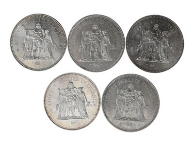 Cinq pièces de 50 Francs argent Hercule. Usures. - Photo 1