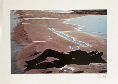 a picture of a woman laying on the beach