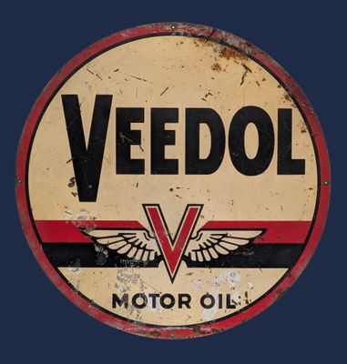une affiche vintage de l'huile moteur Veedol sur fond bleu