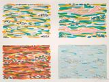 four paintings of different colors and patterns on a white surface
