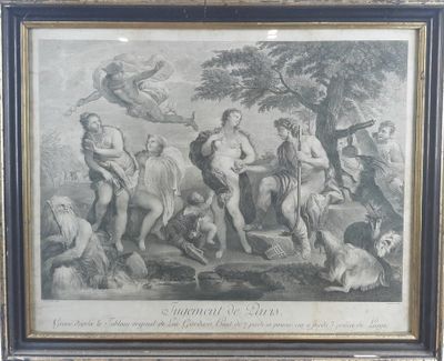 an old picture of a painting of a group of people in a wooded area