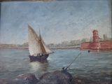 a painting of a sailboat on the water with a lighthouse in the background