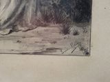 a drawing of a woman sitting on a bench in the woods