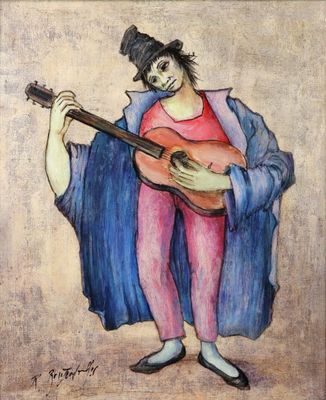 tableau représentant un homme tenant une guitare à la main