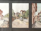 painting of a street scene with buildings and a bench in front of it