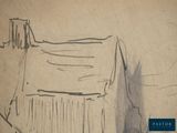 a drawing of a bed and a chair in a room