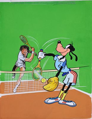 painting of a tennis player hitting a tennis ball with a racquet