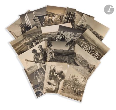 several black and white photographs of people and horses in a field