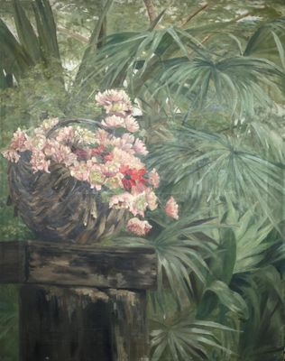 une peinture représentant un panier de fleurs posé sur un poteau en bois