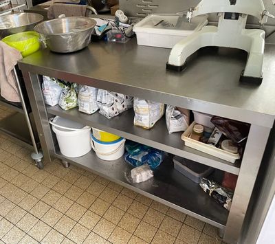 a kitchen counter with a mixer and a bowl on it