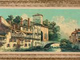 une peinture à l'huile représentant un paysage fluvial avec des bâtiments et un pont