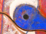 un tableau représentant un oiseau bleu sur un fond rouge et blanc