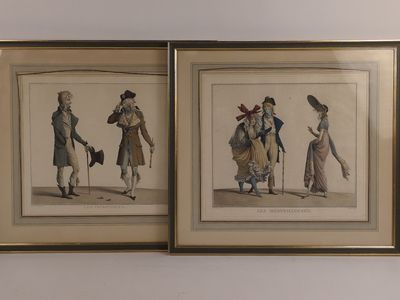 two framed pictures of men in period clothing, one with a cane and the other with a hat