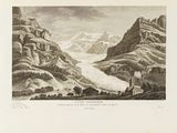 a drawing of a mountain scene with a river in the foreground
