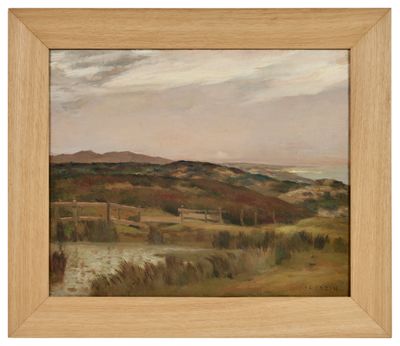 une image représentant un tableau représentant un paysage avec des collines en arrière-plan