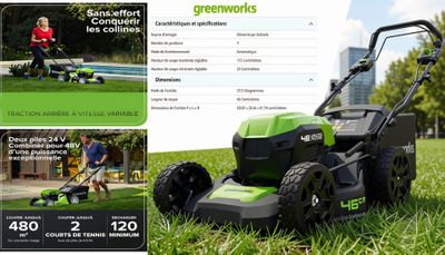 Tondeuse sans fil Greenworks 48 V (GD48LM46), moteur brushle…