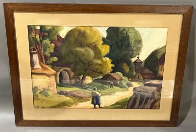 tableau représentant une femme marchant sur une route, avec un cheval en arrière-plan