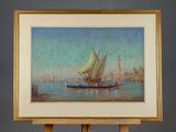 an oil painting of a sailboat on a body of water with a city in the background