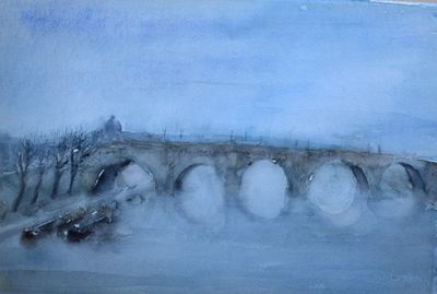 une peinture représentant un pont au-dessus d'une étendue d'eau