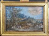 an oil painting of a landscape with figures and animals in a wooded setting