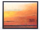 tableau représentant un paysage aux tons orange et jaune, dans un cadre noir