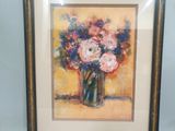 painting of flowers in a vase on a table in front of a blue wall
