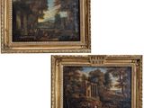 une paire de tableaux représentant un paysage avec des personnages dans un décor boisé