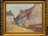 un tableau représentant une maison au toit de chaume, dans un cadre doré