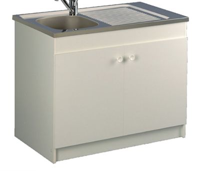 a sink with a faucet and a cabinet underneath it