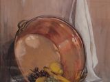 une peinture représentant une coupe de fruits sur une table