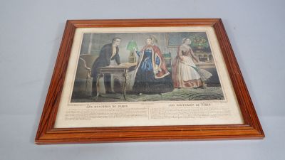 une vieille gravure représentant une femme et deux hommes assis à une table